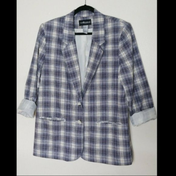 SAG HARBOR Petite Boxy Blazer Size 14 Plaid Blue - Picture 3 of 7